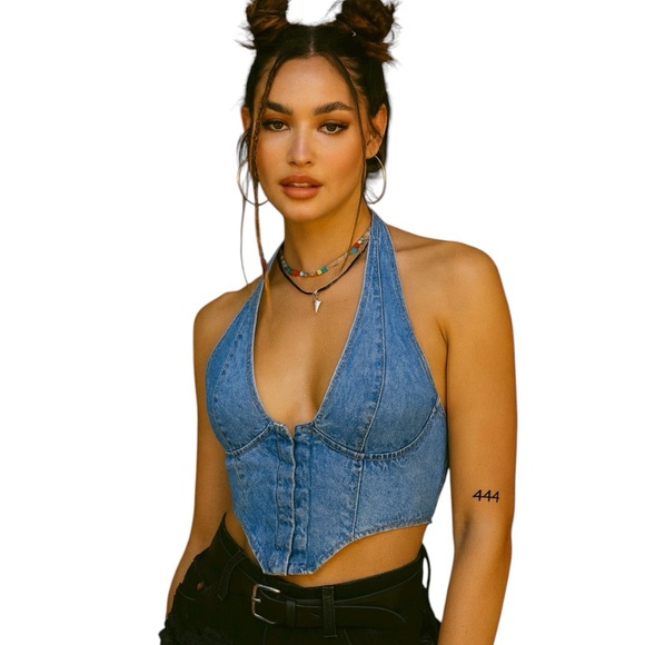 NWT Edikted Medium Denim Corset Cropped Halter Top - Picture 1 of 8